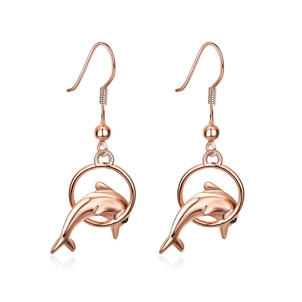 Rose Gold Plated Earrings Drop Dangle Fish Hook Dolphin .52" L192