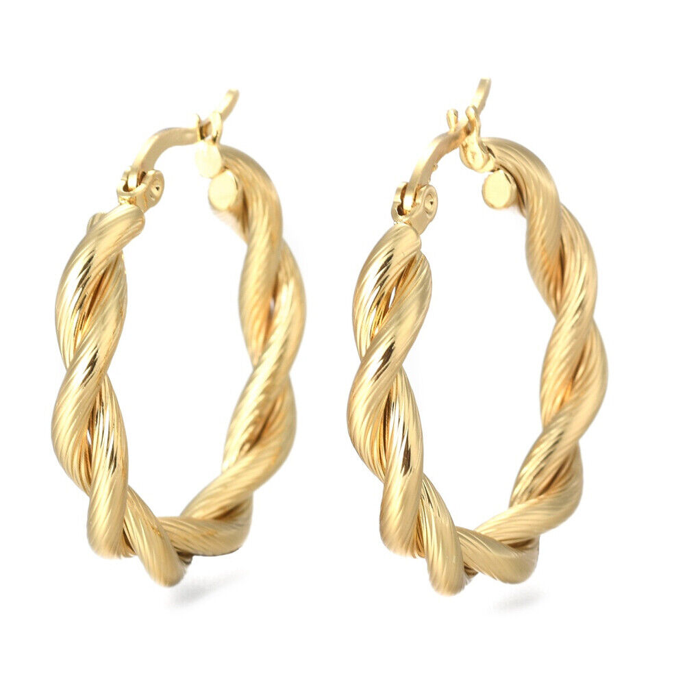Stainless Steel Hoop Earring Hypoallergenic Ear Nut Twisted Ring Gold Z287