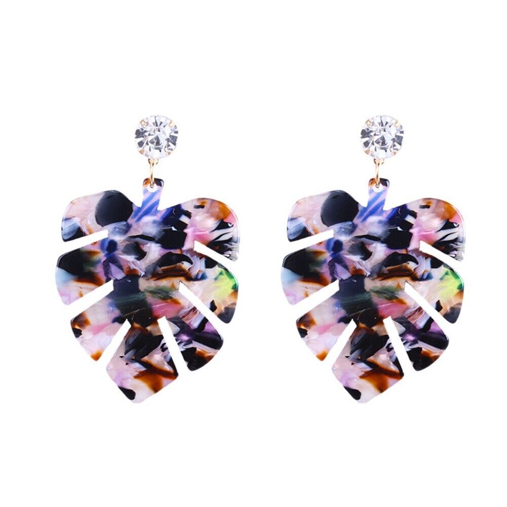 Resin Dangle Earrings Gold Tone Alloy Findings Rhinestone Leaf Colorful 2" P605