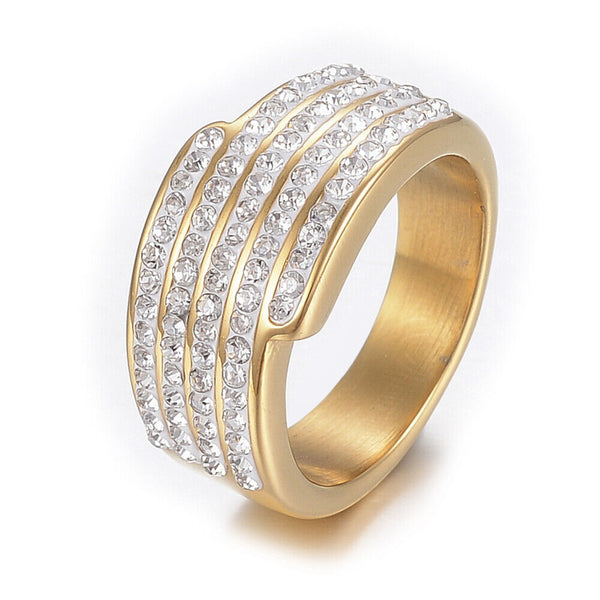 Stainless Steel Ring Wide Band Rings Clay Rhinestones Gold Plated 19mm Z708