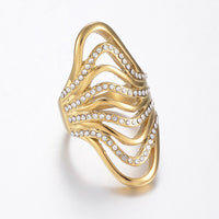 Stainless Steel Rhinestone Ring Wide Band Rings Hollow Gold Plated  Z706