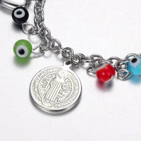 Stainless Steel Charm Bracelet Evil Eye Bead Lobster San Benito Silver 7" Z39