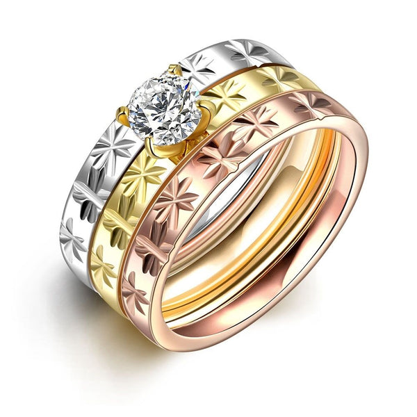 Stainless Steel Band Wedding Set Ring  Rose Gold Plated  Zirconia Women B435