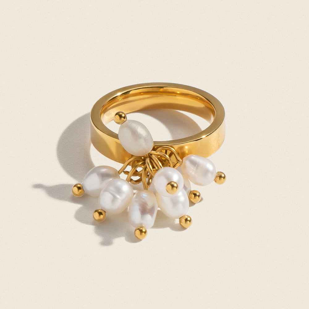 18K Gold-Plated Stainless Steel Pearl Womens Smooth Polished Small Golden Ring R75 product image 1