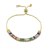 Cubic Zirconia Bolo Box Chain Slider Smooth Polished Tennis Bracelet Green Clear Gold T97