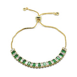 Cubic Zirconia Bolo Box Chain Slider Smooth Polished Tennis Bracelet Green Clear Gold T97