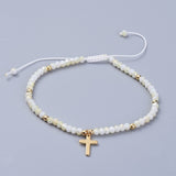 Glass Cross Religious Smooth Polished Matte Faceted Round Beaded Bracelet Whitesmoke Gold T100 product image 1