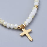 Glass Cross Religious Smooth Polished Matte Faceted Round Beaded Bracelet Whitesmoke Gold T100 product image 2