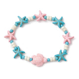Turtle Starfish Dark Floral Ocean Beaded Smooth Star Adjustable Stretch Bracelet Turquoise White T104