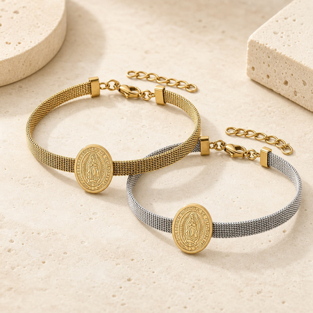 Stainless Steel Virgin Mary Religious Womens Mesh-Like Bands Bangle Silver Gold 7.38 in T106 product image 1
