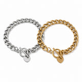 Stainless Steel Heart Curb Chain Polished Matte Toggle Clasp Charm Bracelet Silver Gold 7.5 in T109 product image 1
