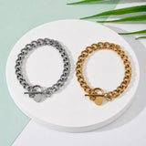 Stainless Steel Heart Curb Chain Polished Matte Toggle Clasp Charm Bracelet Silver Gold 7.5 in T109 product image 3