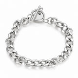 Stainless Steel Heart Curb Chain Polished Matte Toggle Clasp Charm Bracelet Silver Gold 7.5 in T109