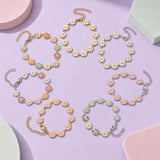 Stainless Steel Enamel Daisy Chain Link Smooth Polished Glossy Flower Round Lobster Clasp Bracelet White Gold Pink T110