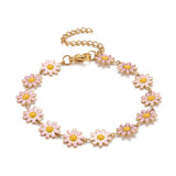 Stainless Steel Enamel Daisy Chain Link Smooth Polished Glossy Flower Round Lobster Clasp Bracelet White Gold Pink T110
