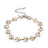 Stainless Steel Enamel Daisy Chain Link Smooth Polished Glossy Flower Round Lobster Clasp Bracelet White Gold Pink T110