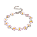 Stainless Steel Enamel Daisy Chain Link Smooth Polished Glossy Flower Round Lobster Clasp Bracelet White Gold Pink T110