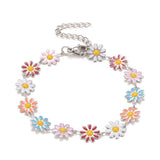 Stainless Steel Enamel Daisy Chain Link Smooth Polished Glossy Flower Round Lobster Clasp Bracelet White Gold Pink T110