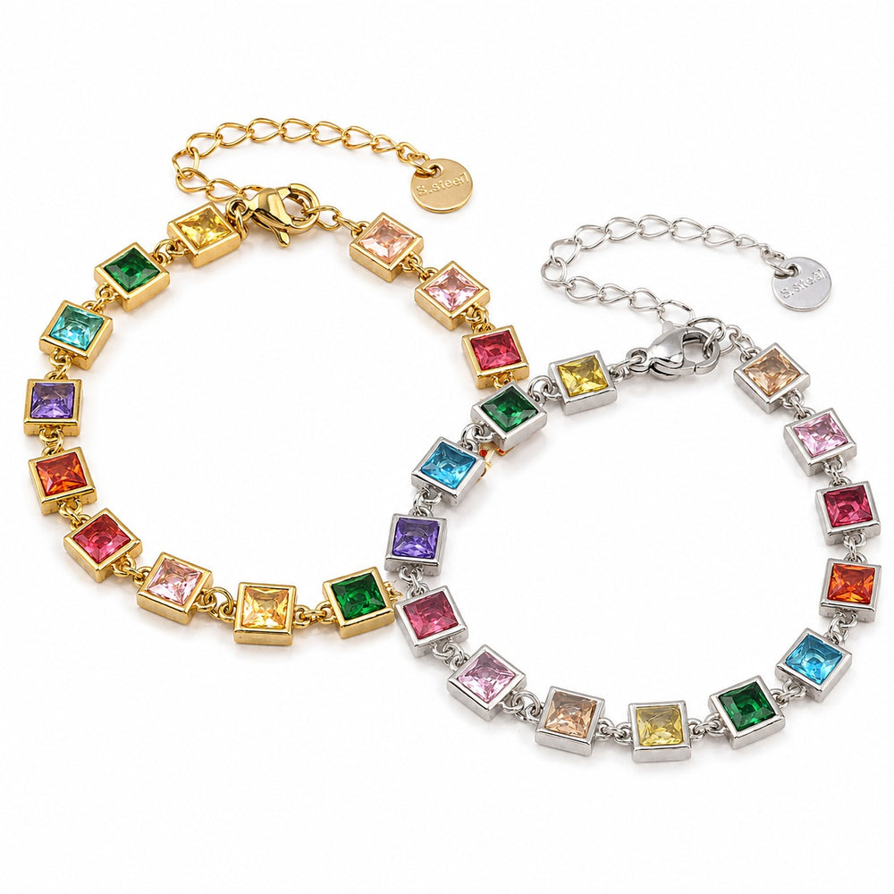 Stainless Steel Cubic Zirconia Rectangle Pave Polished Square Tennis Bracelet Silver Gold T113 product image 1