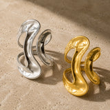 18K Gold-Plated Stainless Steel Geometric Polished Shiny Adjustable Open Cuff Ring Silver R77 product image 2