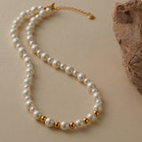 18K Gold-Plated Shell Pearl Round Vintage Alternating Beaded Necklace White 17.17 in N73 product image 1