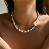 18K Gold-Plated Shell Pearl Round Vintage Alternating Beaded Necklace White 17.17 in N73 product image 4