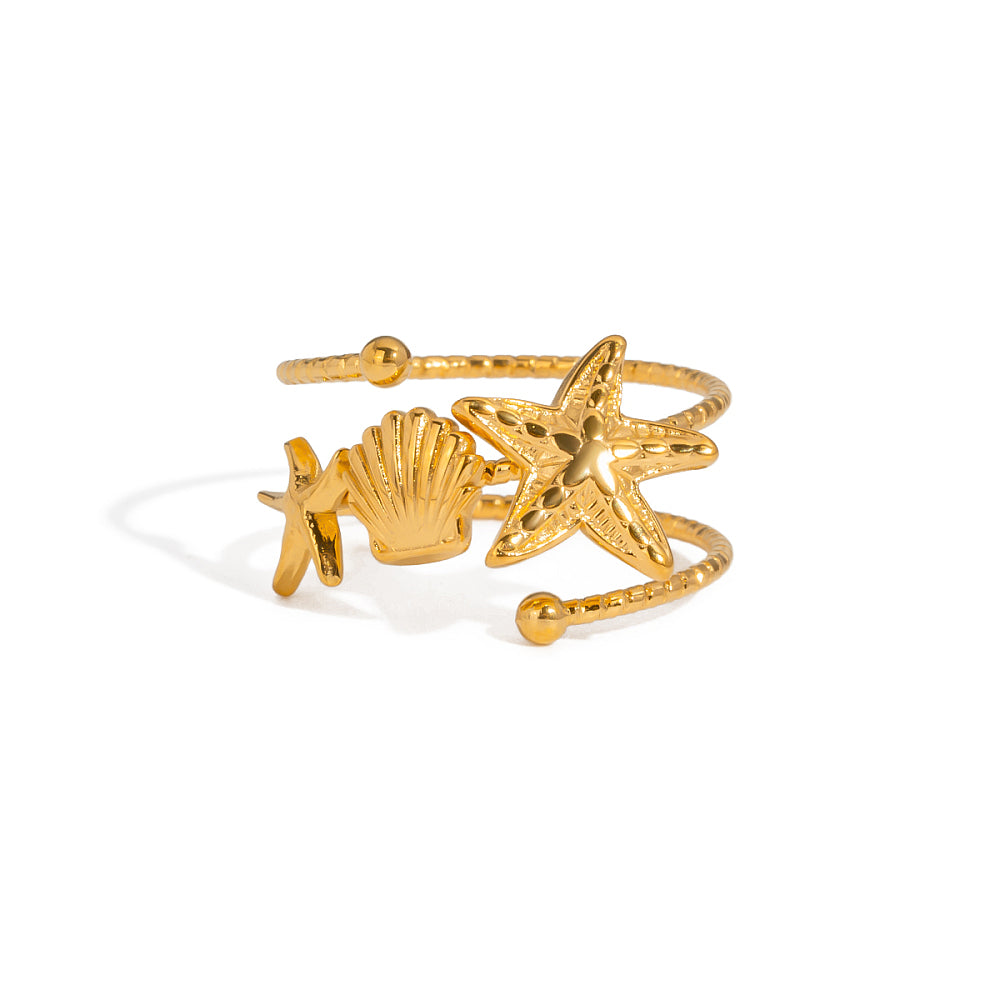18K Gold-Plated Stainless Steel Shell Starfish Ocean Star Adjustable Cuff Ring R82 product image 1