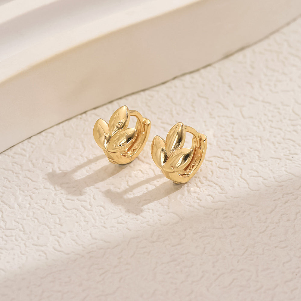 18K Gold-Plated Leaf Simple Geometric Polished Shiny Design Hoop Earrings 10mm E45 product image 1