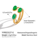 18K Gold-Plated Stainless Steel Aventurine Oval Smooth Polished Adjustable Open Cuff Ring R88