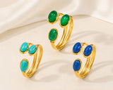 18K Gold-Plated Stainless Steel Aventurine Oval Smooth Polished Adjustable Open Cuff Ring R88 product image 1