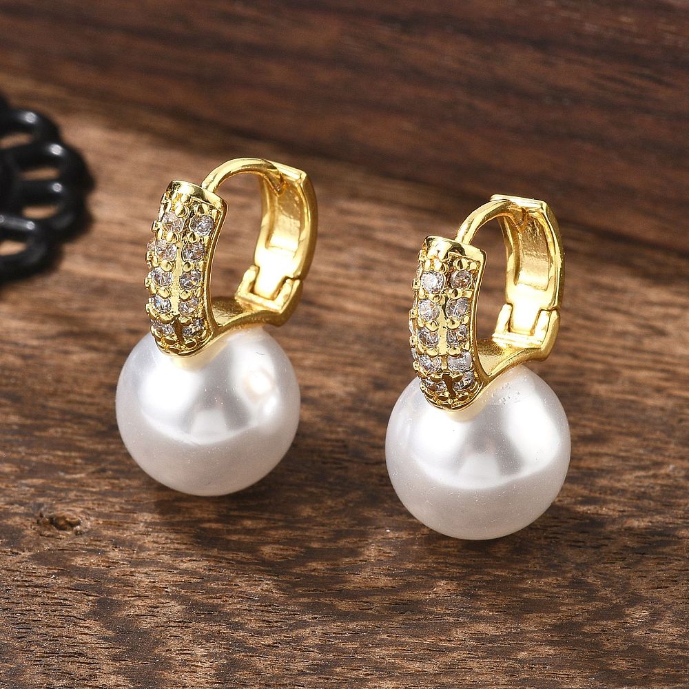 18K Gold-Plated Cubic Zirconia Pearl Pin Hinged Closure Dangle Hoop Earrings White 0.91 in E47 product image 1