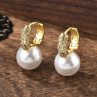 18K Gold-Plated Cubic Zirconia Pearl Pin Hinged Closure Dangle Hoop Earrings White 0.91 in E47 product image 1