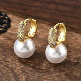 18K Gold-Plated Cubic Zirconia Pearl Pin Hinged Closure Dangle Hoop Earrings White 0.91 in E47 product image 1