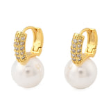 18K Gold-Plated Cubic Zirconia Pearl Pin Hinged Closure Dangle Hoop Earrings White 0.91 in E47 product image 4