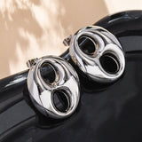 Stainless Steel Oval Polished Shiny Circular Cutouts Stud Earrings Silver 1.04 in E49 product image 2