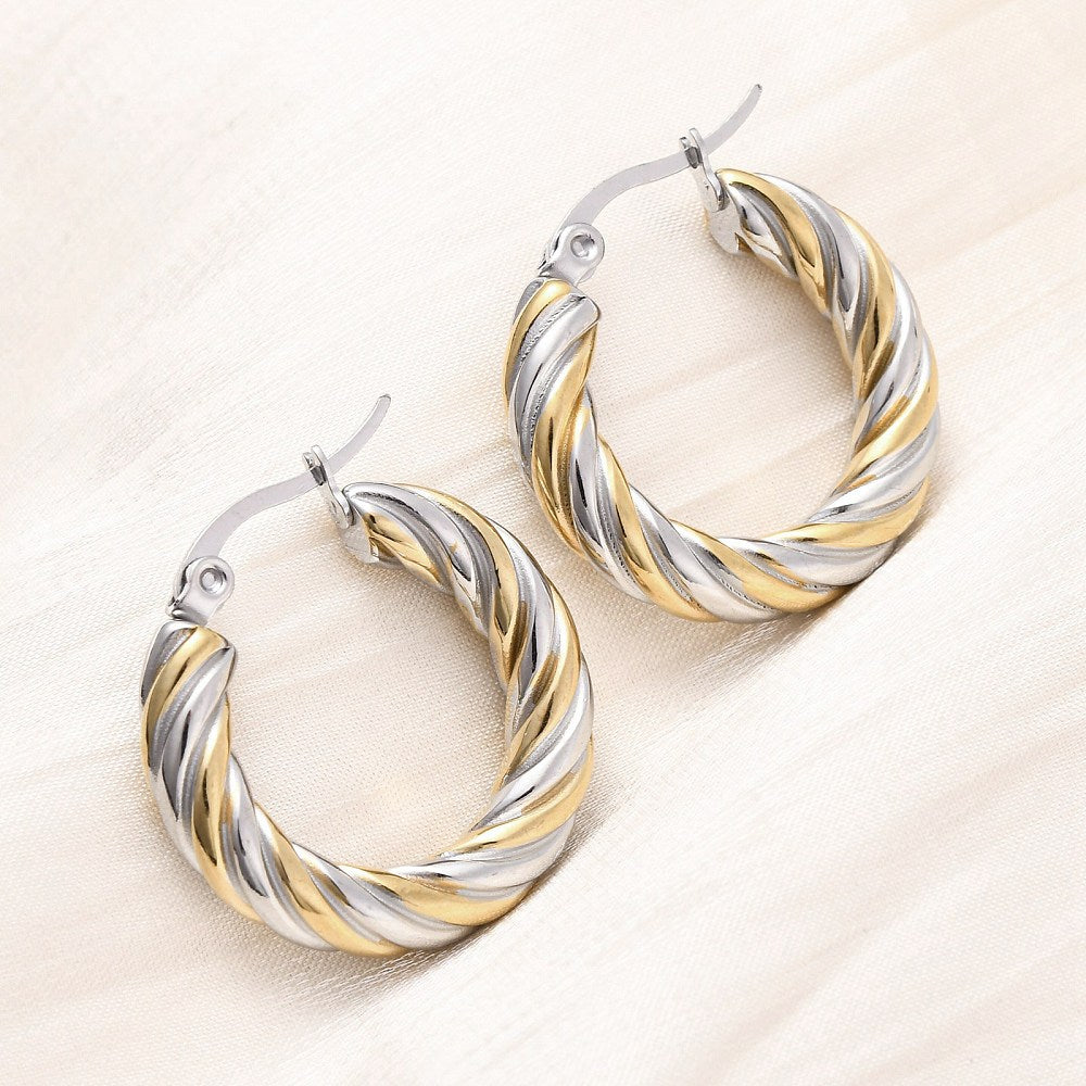 Stainless Steel Two Tone Polished Twisted Spiral Clasp Hoop Earrings Gold 0.94 in E50 product image 1