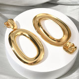 18K Gold-Plated Stainless Steel Oval Glossy Shiny Square Dangle Stud Earrings 2.22 in E52 product image 3