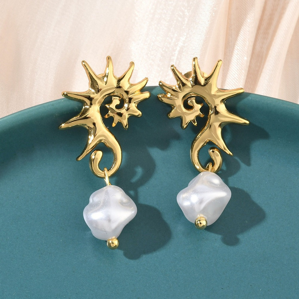 18K Gold-Plated Stainless Steel Pearl Sea Horse Shiny Sun Dangle Stud Earrings White E53 product image 1