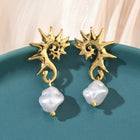 18K Gold-Plated Stainless Steel Pearl Sea Horse Shiny Sun Dangle Stud Earrings White E53 product image 1