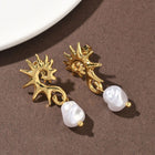 18K Gold-Plated Stainless Steel Pearl Sea Horse Shiny Sun Dangle Stud Earrings White E53 product image 2