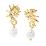 18K Gold-Plated Stainless Steel Pearl Sea Horse Shiny Sun Dangle Stud Earrings White E53 product image 4