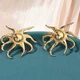 18K Gold-Plated Stainless Steel Squid Polished Shiny Octopus-Shaped Multiple Tentacles Claws Stud Earrings 1.22 in E54