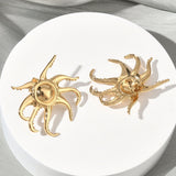 18K Gold-Plated Stainless Steel Squid Polished Shiny Octopus-Shaped Multiple Tentacles Claws Stud Earrings 1.22 in E54