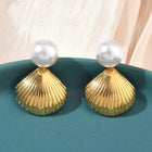 18K Gold-Plated Stainless Steel Shell Pearl Smooth Polished Round Dangle Stud Earrings 1.02 in E55 product image 1