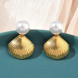 18K Gold-Plated Stainless Steel Shell Pearl Smooth Polished Round Dangle Stud Earrings 1.02 in E55 product image 1