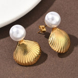 18K Gold-Plated Stainless Steel Shell Pearl Smooth Polished Round Dangle Stud Earrings 1.02 in E55 product image 2