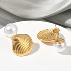 18K Gold-Plated Stainless Steel Shell Pearl Smooth Polished Round Dangle Stud Earrings 1.02 in E55 product image 3