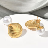 18K Gold-Plated Stainless Steel Shell Pearl Smooth Polished Round Dangle Stud Earrings 1.02 in E55 product image 3