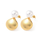 18K Gold-Plated Stainless Steel Shell Pearl Smooth Polished Round Dangle Stud Earrings 1.02 in E55 product image 4