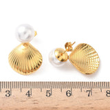 18K Gold-Plated Stainless Steel Shell Pearl Smooth Polished Round Dangle Stud Earrings 1.02 in E55 product image 5